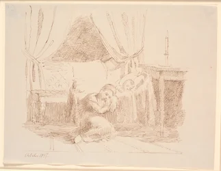 Bedroom Interior with a Little Girl Sleeping on the Floor, Leaning Against a Cradle with a Sleeping Child