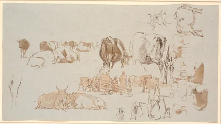 Study Sheet. Studies of Cows, in the Middle a Milk Cart with Three Girls and a Herdsman