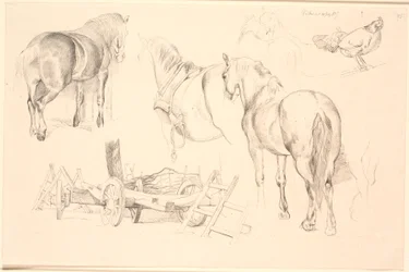 Study Sheet with Horses, Farm Tools, and a Hen on Its Perch
