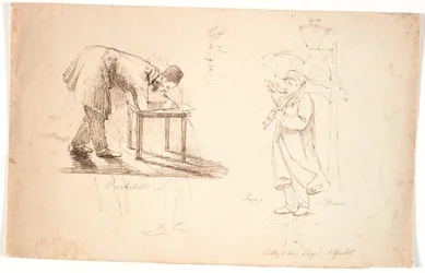 Study Sheet, left shows the artist himself, bent over, drawing on a stool or small table. Above this, two studies of an officer and a gentleman in a coat. In the middle, study head, self-portrait. Right, the artist stands with an umbrella on the street by 
