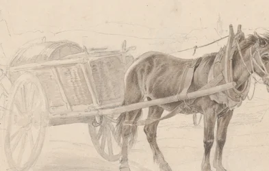 A Cart Drawn by a Brown Horse Near a Lamp Pole, Verso: A Group of Mounted Officers