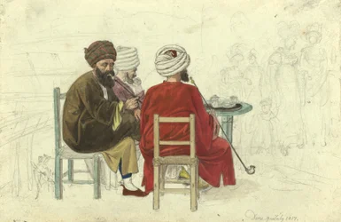 Three Turks (or Greeks) seated around a coffeehouse table, at the Augustini coffeehouse on the Rotenturm Bastion