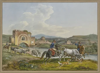 Roman Campagnoli on Horseback Catching a Bull with Dogs
