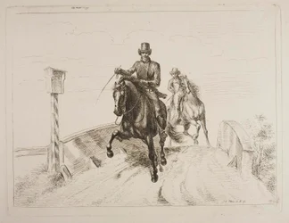 Two Riders at a Gallop on a Bridge