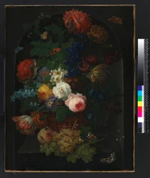 A Basket of Flowers with Fruit