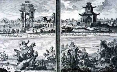 Four Views showing a Chinese Triumphal Arch, a Pagoda at Sinkicien in the Province of Xantum, Artificial Mountains and Caves and a Chain Bridge near the town of Kingtung, China