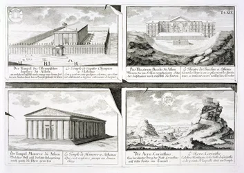 Views of four Classical Buildings: The Temple of Olympian Zeus, the Theatre of Dionysus in Athens, the Temple of Athena in Athens and a Temple in Corinth, from Entwurf einer historischen Architektur