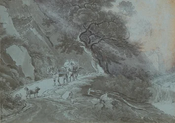 Farmer with Horse Cart on Forest Path in Thunderstorm