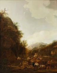 Mountainous Landscape with Shepherds and Cattle at the Drinking Trough