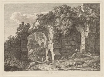 In the Colosseum, shepherds with a herd among ruins