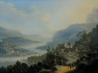 An Extensive Rhenish Landscape with Travellers on a Road by a Castle