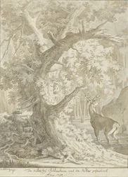 Hunter Aiming at a Red Deer in the Water Under an Old Tree