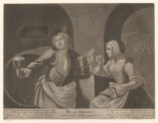 Man and woman drinking beer and brandy