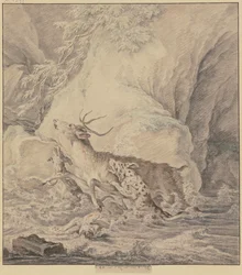 Wounded stag, chased through the water by two dogs, a third dog lies wounded in the water
