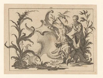 Chinese Man with Cup and Saucer Seated in a Rococo Ornament, Next to Him Stands a Woman with a Fan