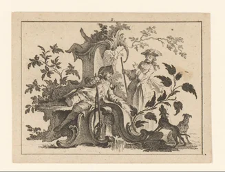 Man Smoking a Pipe with a Gun and Woman with Two Dogs on a Rococo Ornament, Smokers on Rococo Ornament
