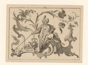 Man Smoking a Pipe with Turban Seated on a Rococo Ornament, Next to Him a Jug, a Cup and Saucer