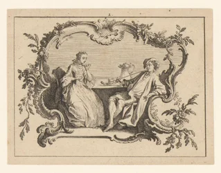 Woman and Pipe-Smoking Man at a Table in a Cartouche