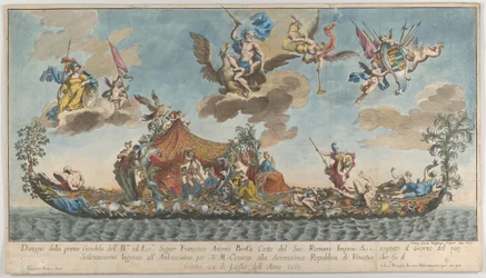 The Highly Ornamented First Gondola of Francesco Antonio Berka Entering Venice, Gods on Cl...