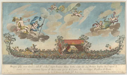 The Highly Ornamented Third Gondola of Francesco Antonio Berka Entering Venice, Gods on Cl...