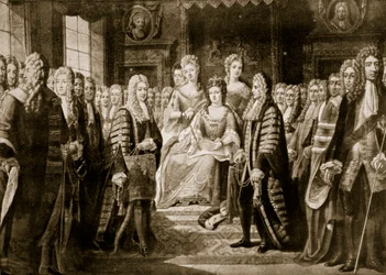 Articles of Union being presented to Queen Anne, 1706, illustration from 