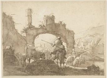 Two Shepherds Driving Their Cattle through a River
