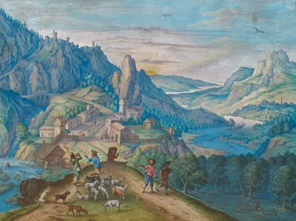Mountain Landscape at Nightfall with River Valley and Figures