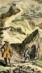 Paleontology: Swiss naturalist Johann Jakob Scheuchzer discovered in the Swiss mountains the traces of the Universal Deluge thanks to fossils. Engraving from 