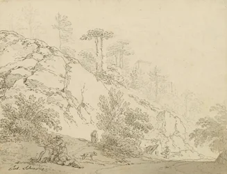 Farmers Resting in Rocky Terrain, Castle in Background