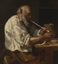 Old Peasant Lighting a Pipe