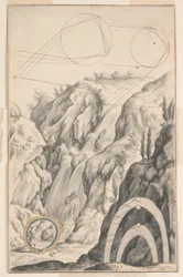 The Investigation of the Rainbow, design for plate 66 in the Physica Sacra, vol. 1, by Johann Jakob Scheuchzer