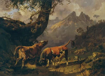 Bull Chasing a Cow, Landscape near Carrara in the Background