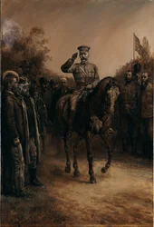 General Lord Kitchener saluting as he rides past Boer leaders who stand, doffing their hats, 1902