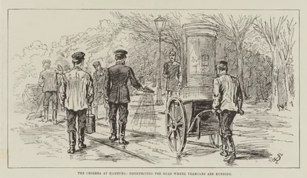 The Cholera at Hamburg, disinfecting the Road where Tramcars are running