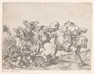 Two Musketeers on Horseback Shooting at a Rider