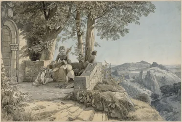 Rocky Landscape, in the Foreground a Young Woman with Three Children and a Dog before a Romanesque Portal