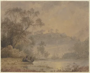 Forest Lake, from whose shore a boat with three men is setting off