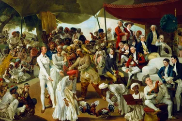 Colonel Mordaunt watching a cock fight at Lucknow, India, 1790