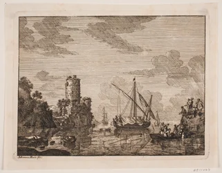 Ships on a River. A Tower to the Left
