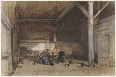 Peasant Interior with Two Men and a Woman at a Table, with Some Chickens and Cats