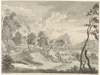 Hilly Landscape with Waterfall
