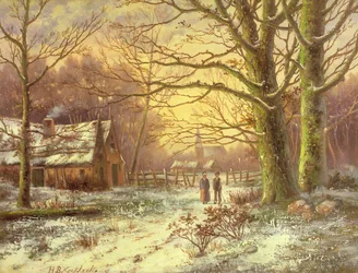 Figures on a Path Before a Village in Winter