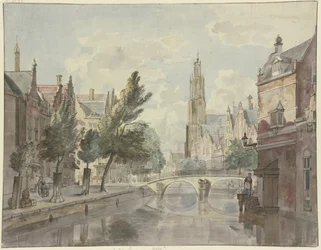 Stone Bridge over a Canal, a Cathedral in the Background, a Lantern on the House at Right