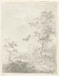 Mountainous Landscape with Shepherd and Cattle on Path