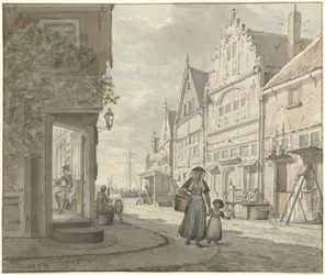 Woman and Child Walking on the Street in a Fishing Village