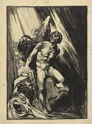 Lucifer in a Rocky Landscape by a Stream, Looking Up at the Light