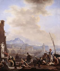 A Mediterranean Seaport with a Man Drinking at a Fountain, Galley Slaves, Merchants and Dock Hands