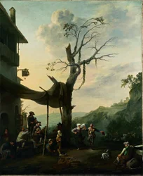 Mountainous Landscape with Peasants Dancing and Playing Music before an Inn