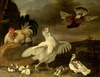 Cock and Hen with Chickens and Pigeons