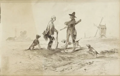 Hunters with Dogs in a Landscape with a Mill